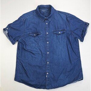 Calvin Klein Jeans Size XL Mens Blue Denim Short Sleeve Snap Logo Cotton Shirt